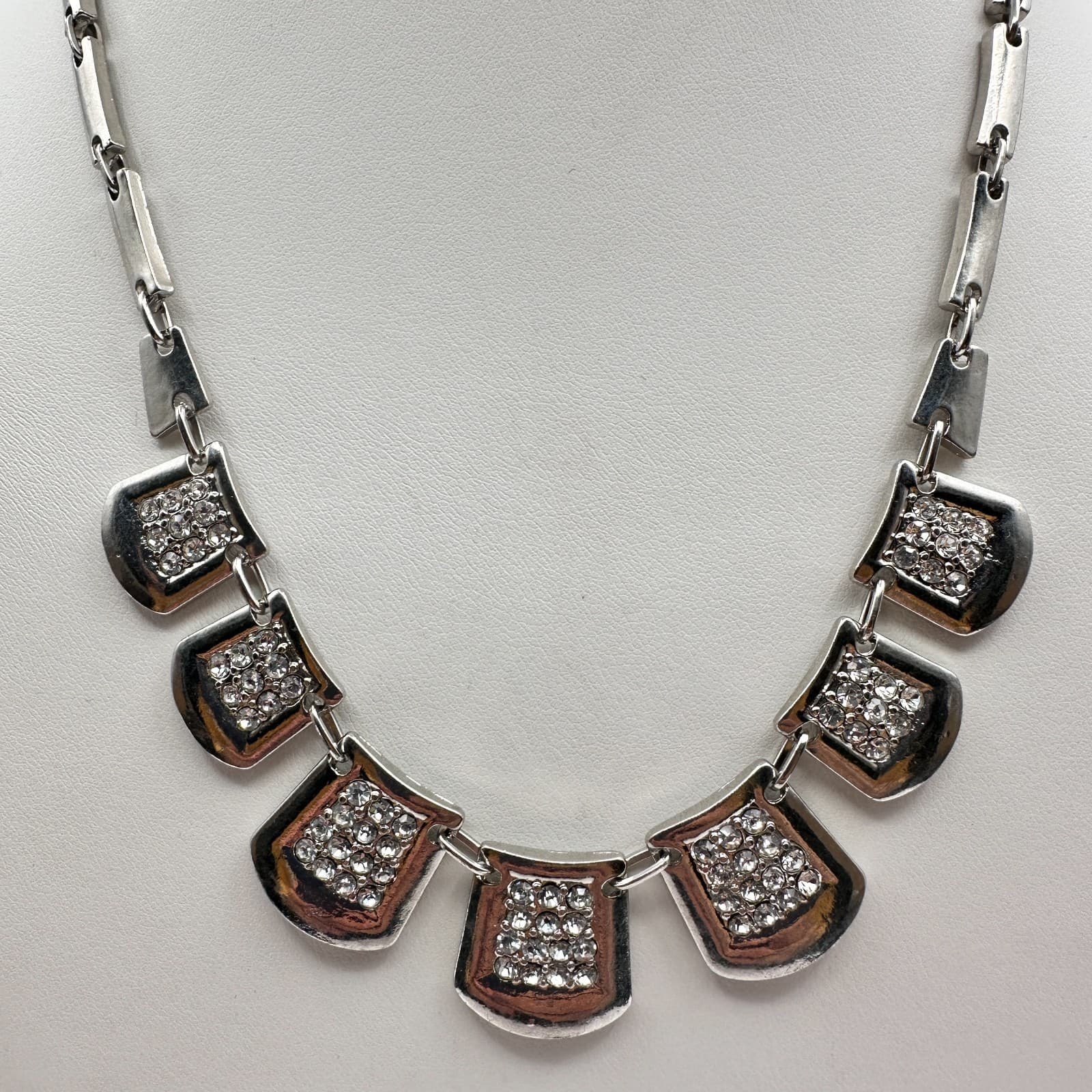Vintage 90s Silver Tone Crystal Geometric Statement Necklace Women's Jewelry Y2K