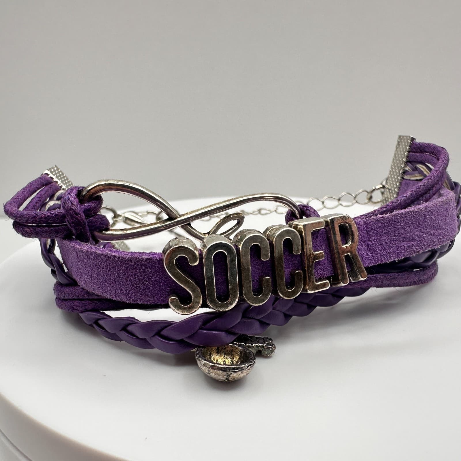 Vintage 90s Purple Leather Soccer Bracelet Infinity Love Sports Charm Adjustable