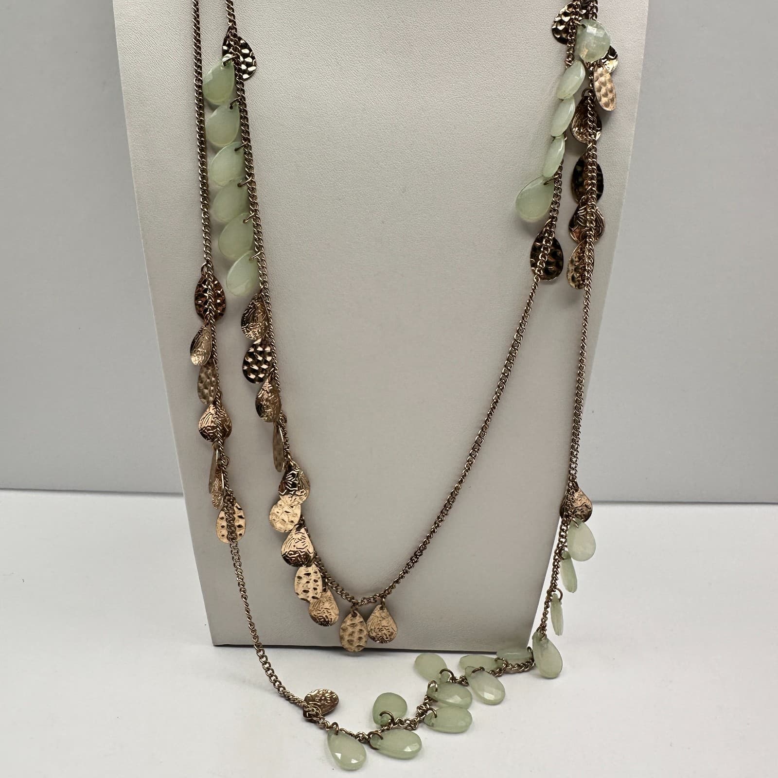 Vintage 90s Multi Strand Layered Gold Tone Necklace Green Faux Stone Jewelry Y2K