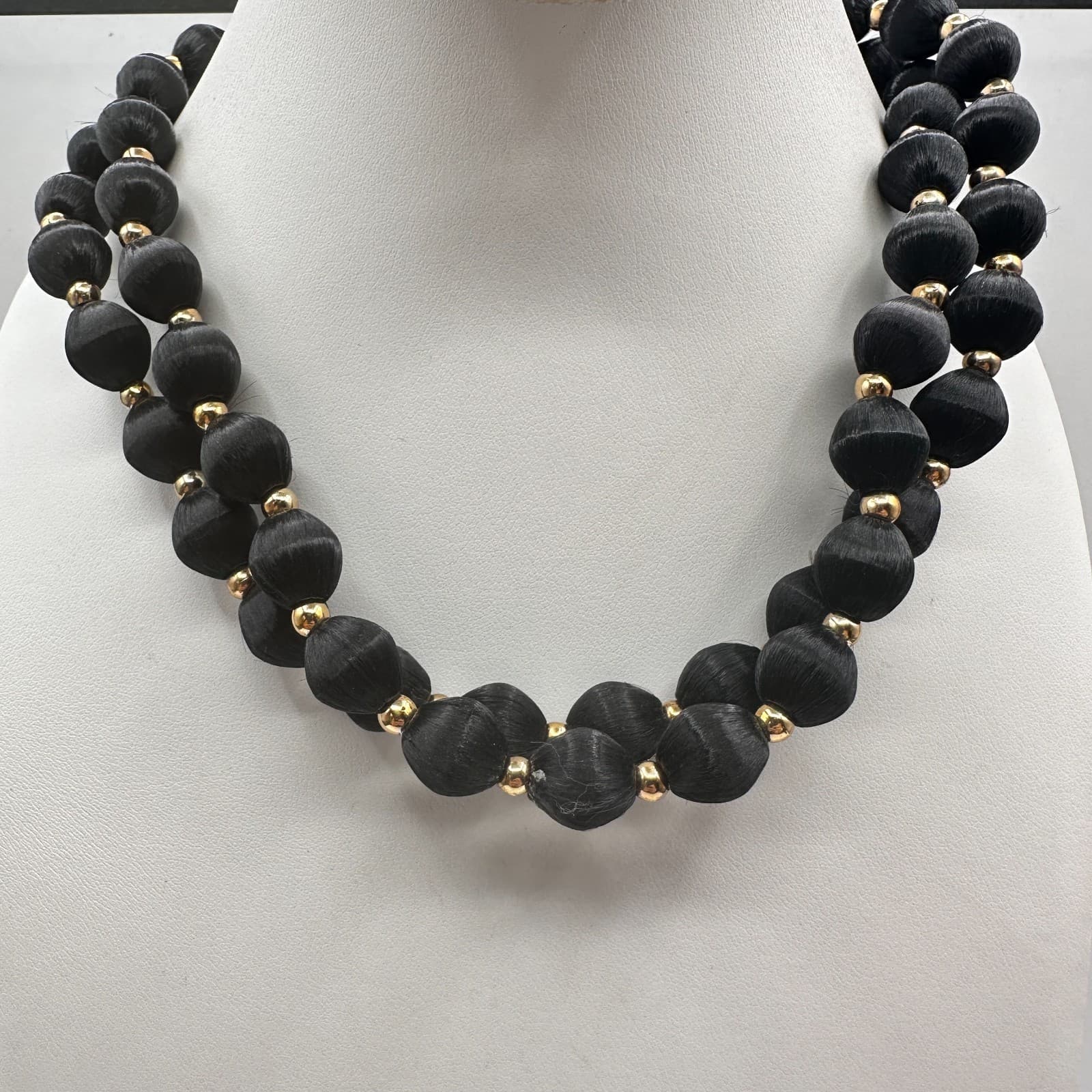 Vintage 80s Double Strand Black Silk Thread Wrapped Bead Jewelry Gold Tone Boho