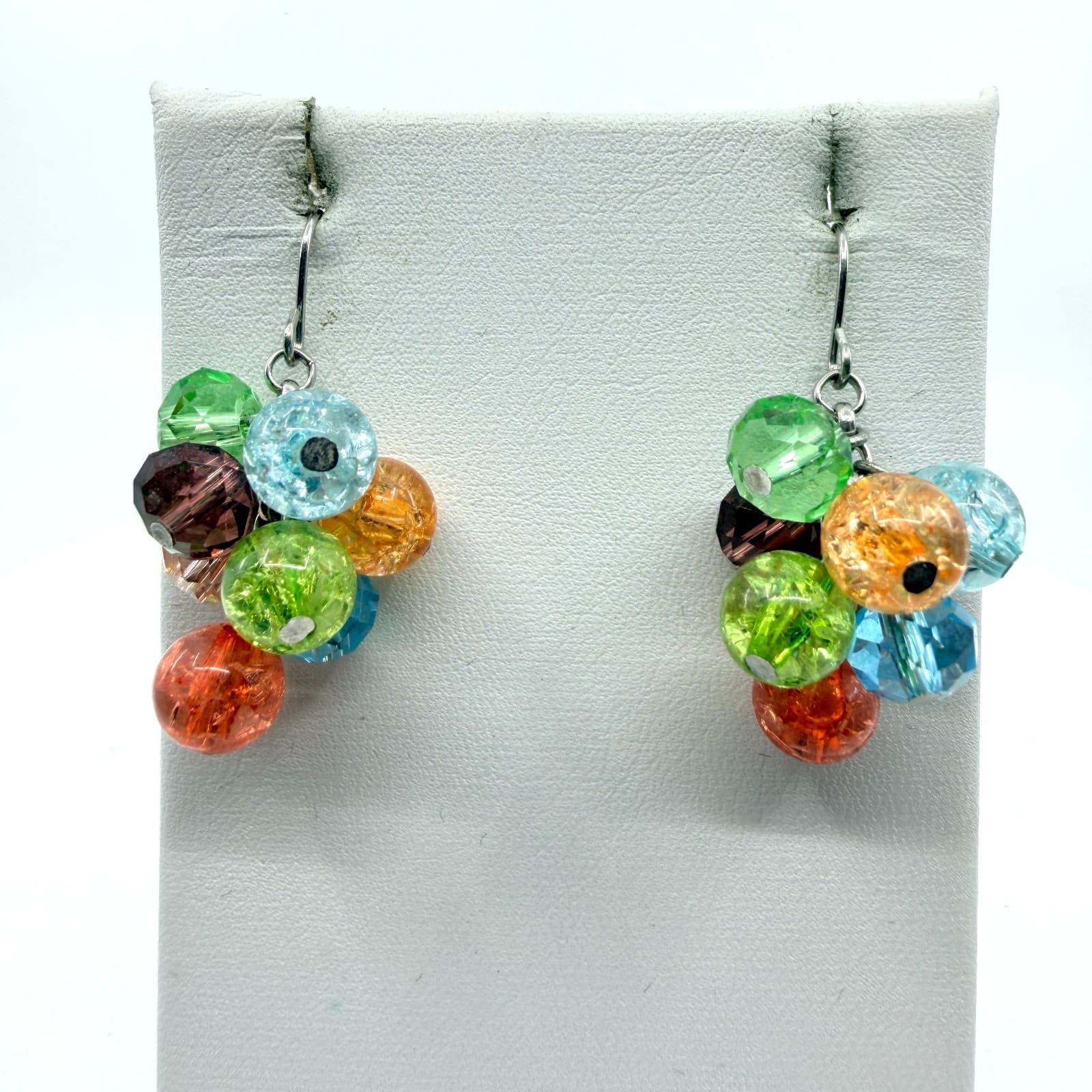 VTG Y2K Multi Color Crystal Crackle Glass Bead Cluster Dangle Earrings Boho Gift