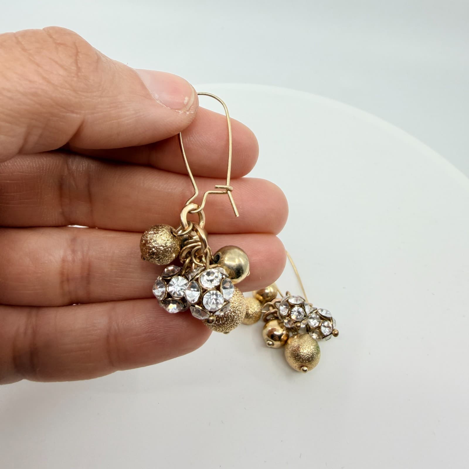 VTG Gold Tone Cluster Dangle Earrings Textured Bead Rhinestone Shimmer Statement