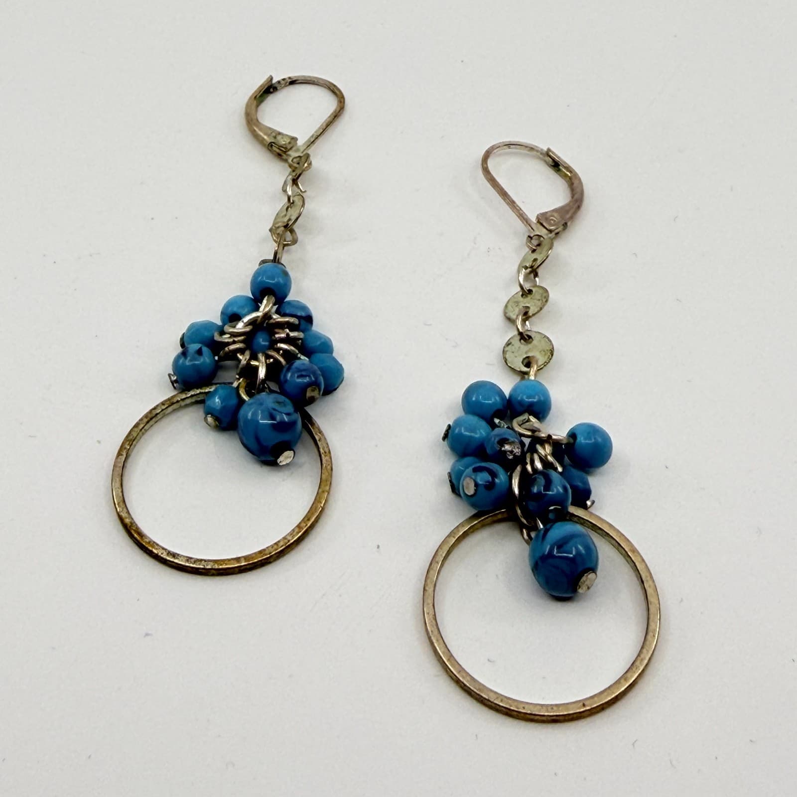 VTG Blue Bead Cluster Dangle Earrings Hoop Accent Leverback Festival Statement