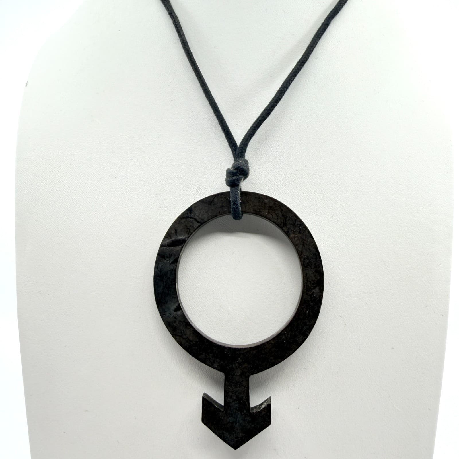 VTG Gothic Black Carved Wood Mars Male Symbol Pendant Necklace Statement Gift