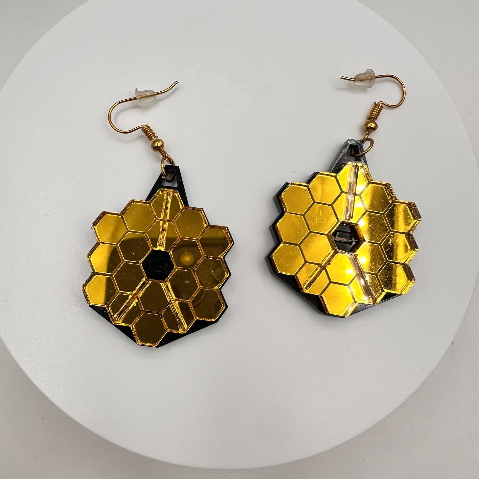 Vintage 90s Space Telescope Jewelry Gold Tone Mirror Hexagon Drop Earrings Boho