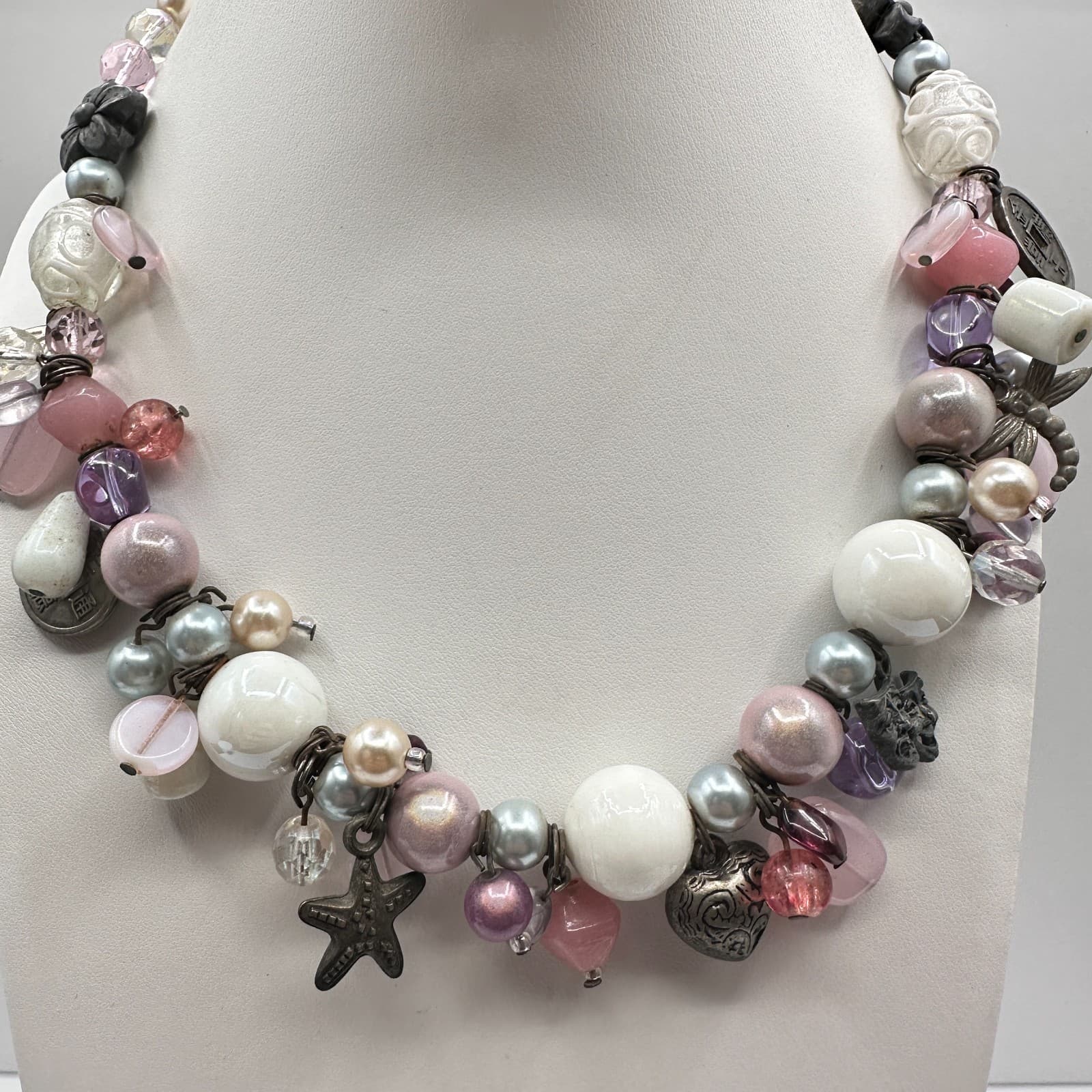 Vintage 90s Pink White Beaded Charm Necklace Drama Masks Starfish Silver Tone