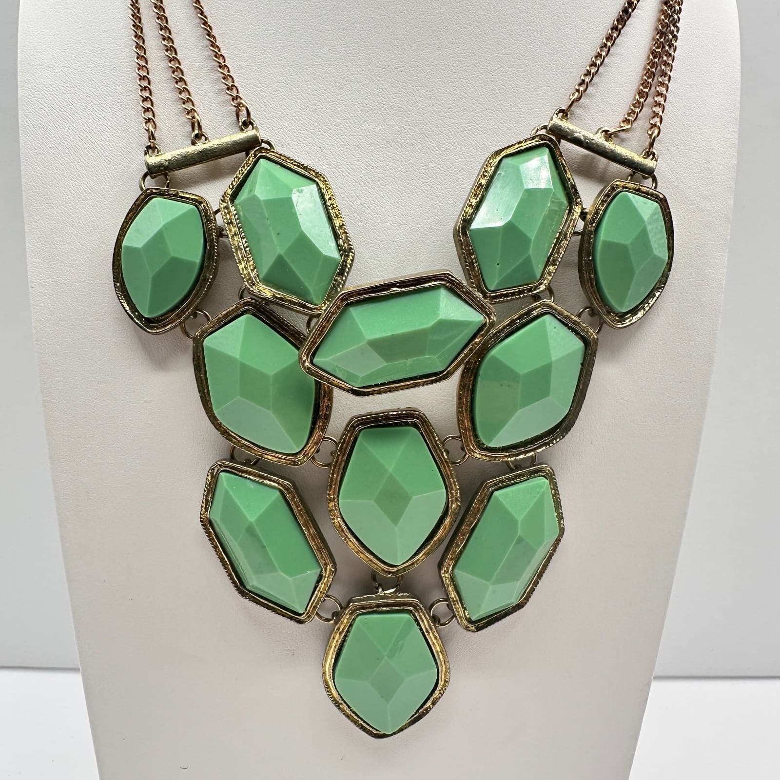 Vintage Y2K Statement Necklace Green Faux Stone Bib Gold Tone Multi Chain