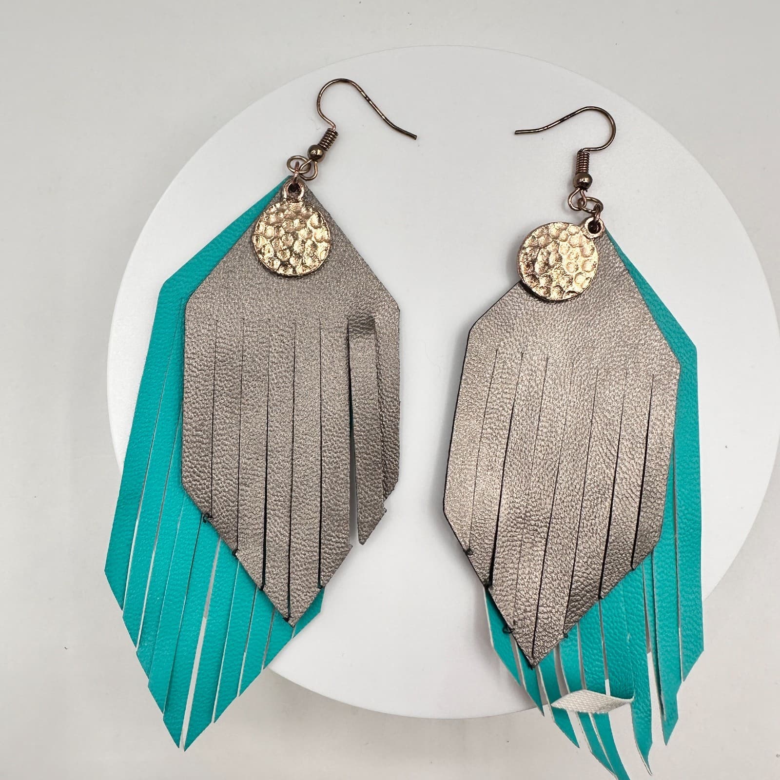 Vintage 90s Faux Leather Fringe Earrings Teal Pewter Gold Tone Hammered Jewelry