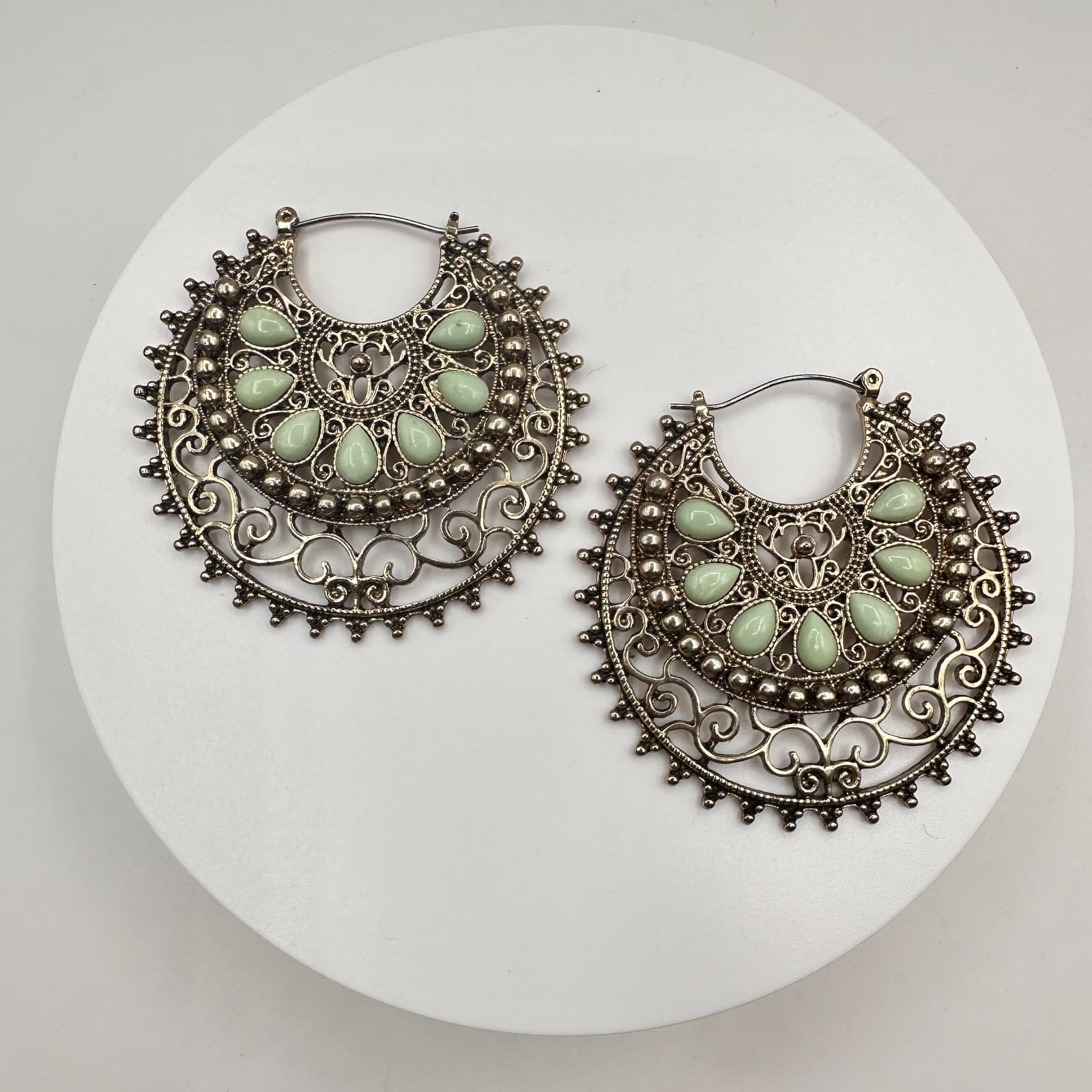 Vintage 90s Mint Green Resin Cabochons Hoop Earrings Gold Tone Women's Jewelry