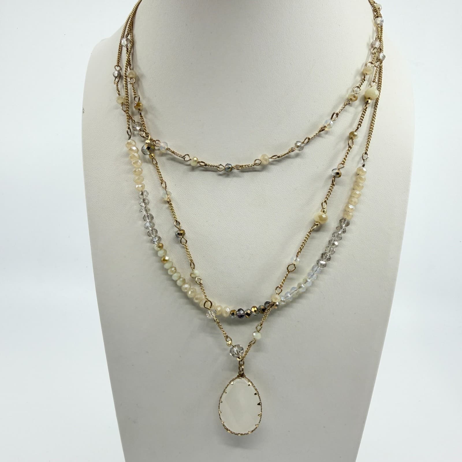 VTG Boho Layered Crystal Bead Necklace Statement Teardrop Pendant Festival Gift