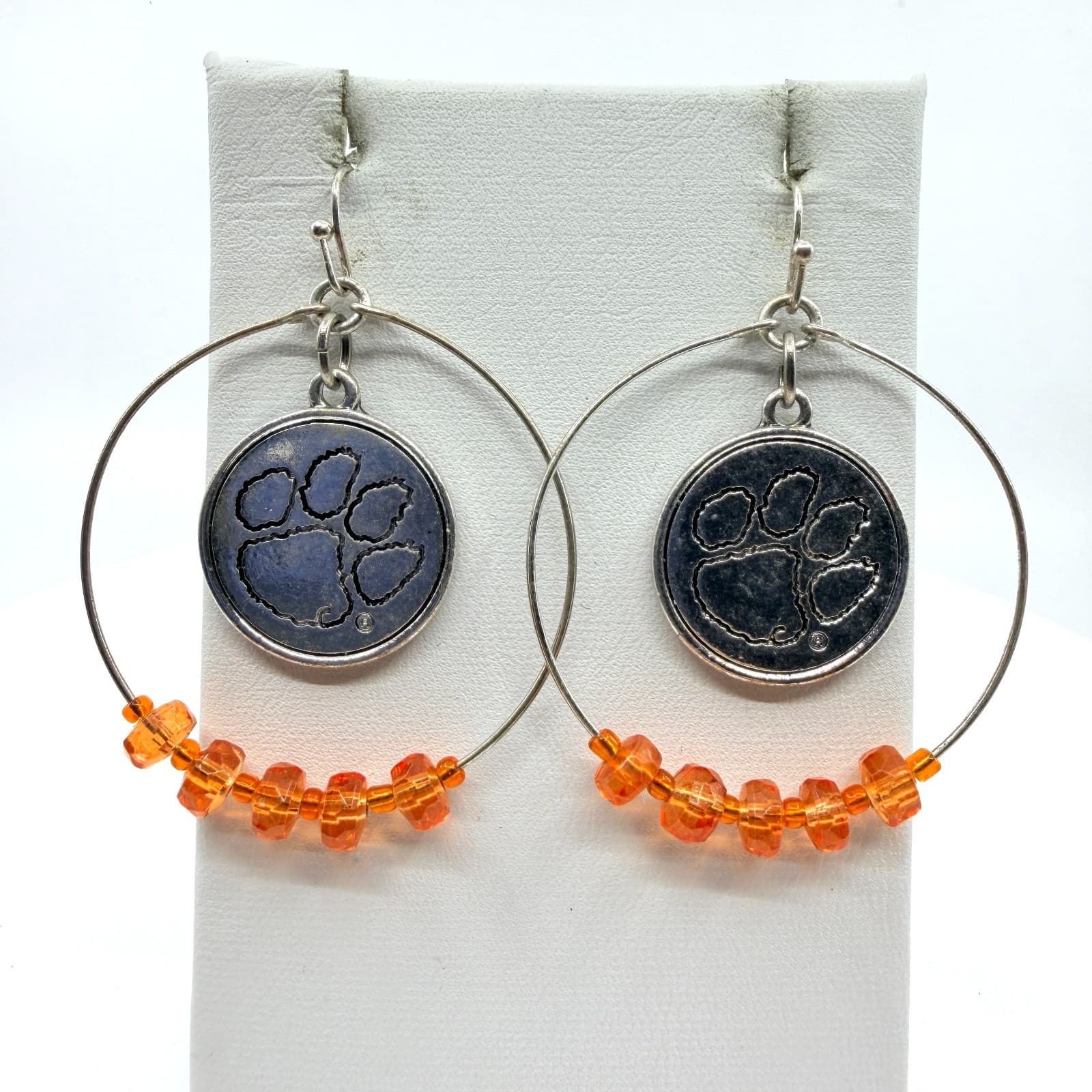 Silver Tone Orange Beaded Paw Print Hoop Earrings Statement Team Spirit Gift