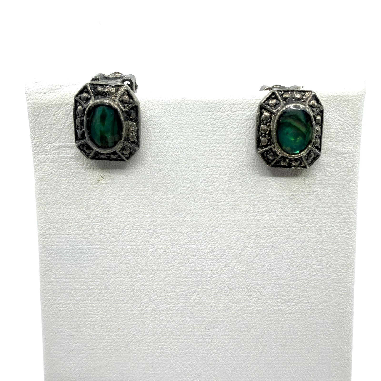 Vintage Style Green Abalone Shell Clip On Stud Earrings Gothic Ornate Statement