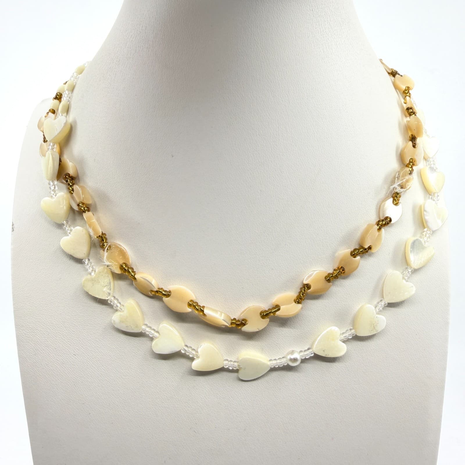 Layered Heart Shell Necklace Bohemian Beaded Choker Set White Tan Statement Gift
