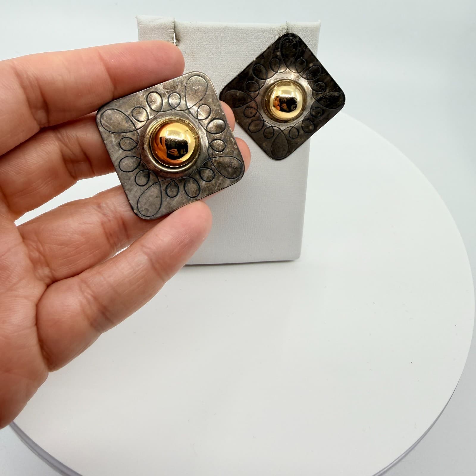 Vintage Bold Two Tone Geometric Stud Earring Silver & Gold Tone Square Statement