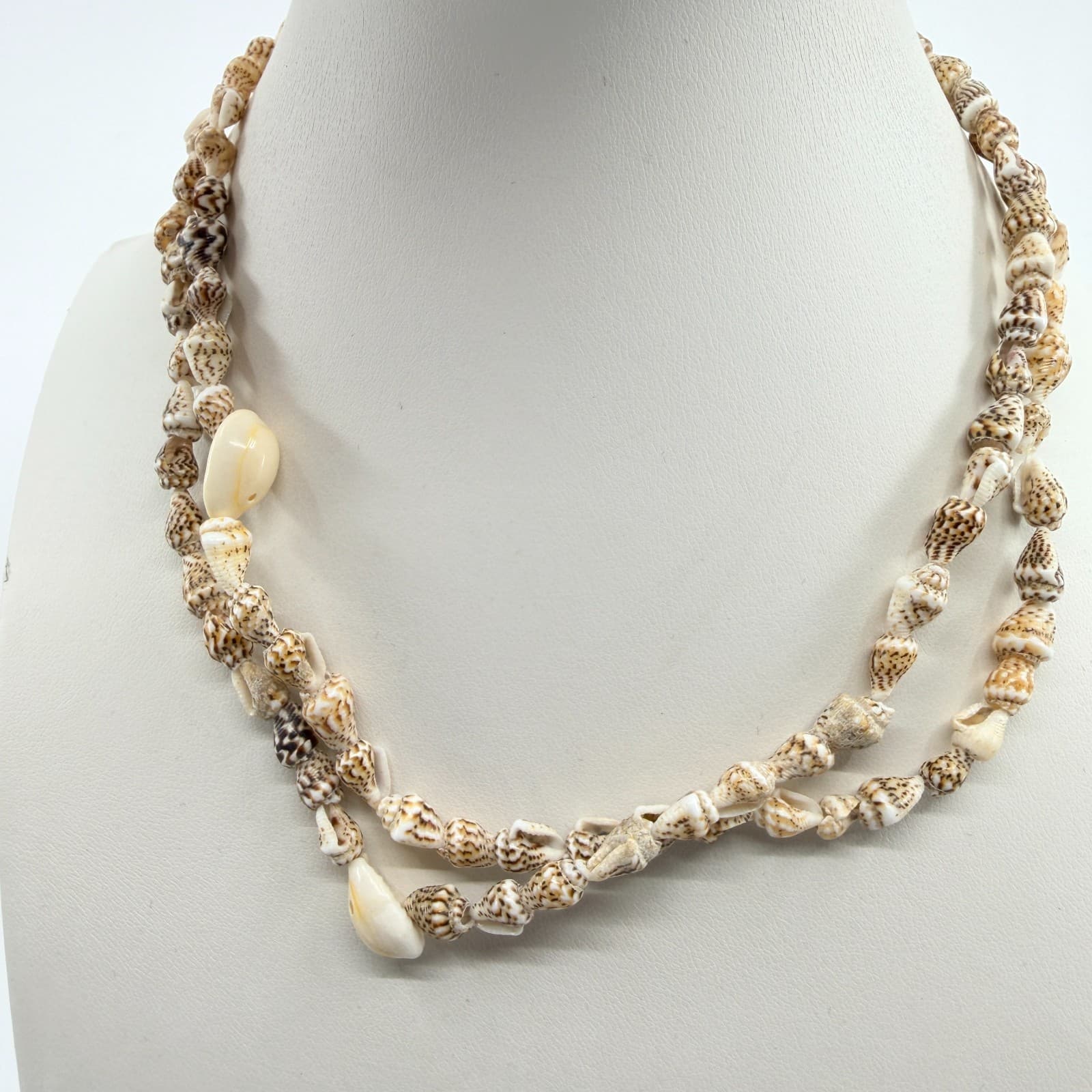 Coastal Seashell Beaded Necklace Boho Beach Summer Jewelry Tan White Natural