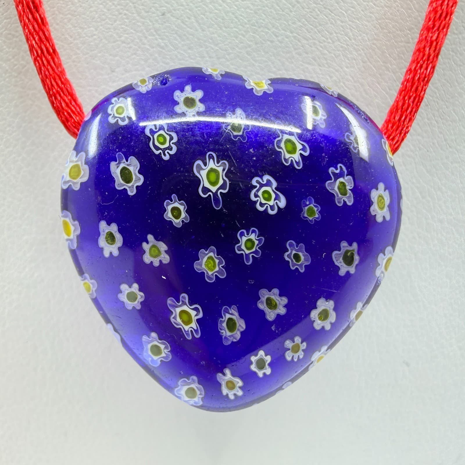Blue Millefiori Glass Heart Pendant Necklace Red Cord Boho Cottagecore Festival