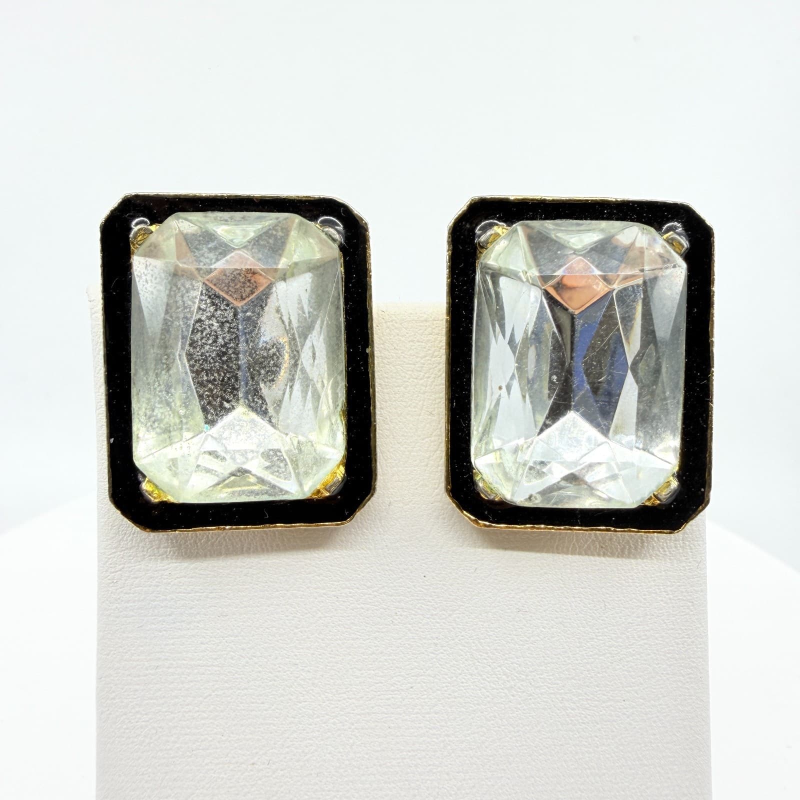 Statement Gold Tone Black Enamel Emerald Cut Clear Crystal Clip On Earrings Y2K