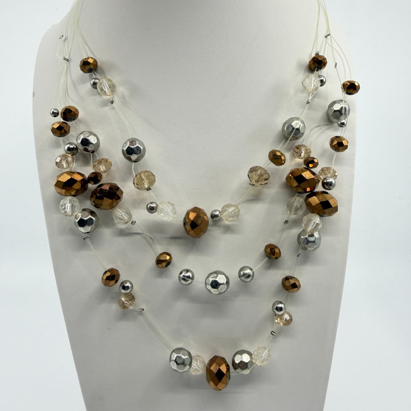 Multi Strand Beads Statement Necklace Bronze & Silver Tone Clear Crystal Layered