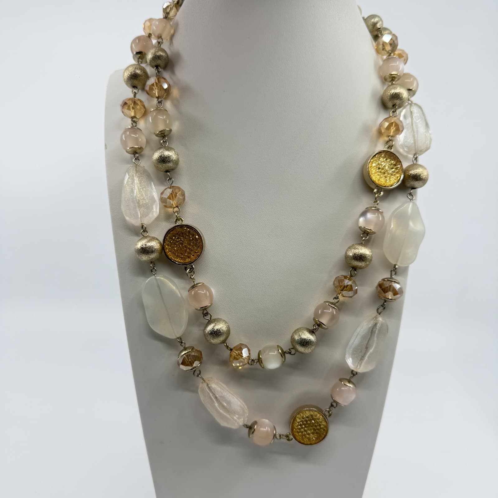 Ann Taylor Beaded Multi Strand Necklace Champagne Gold Tone Statement Boho Chic