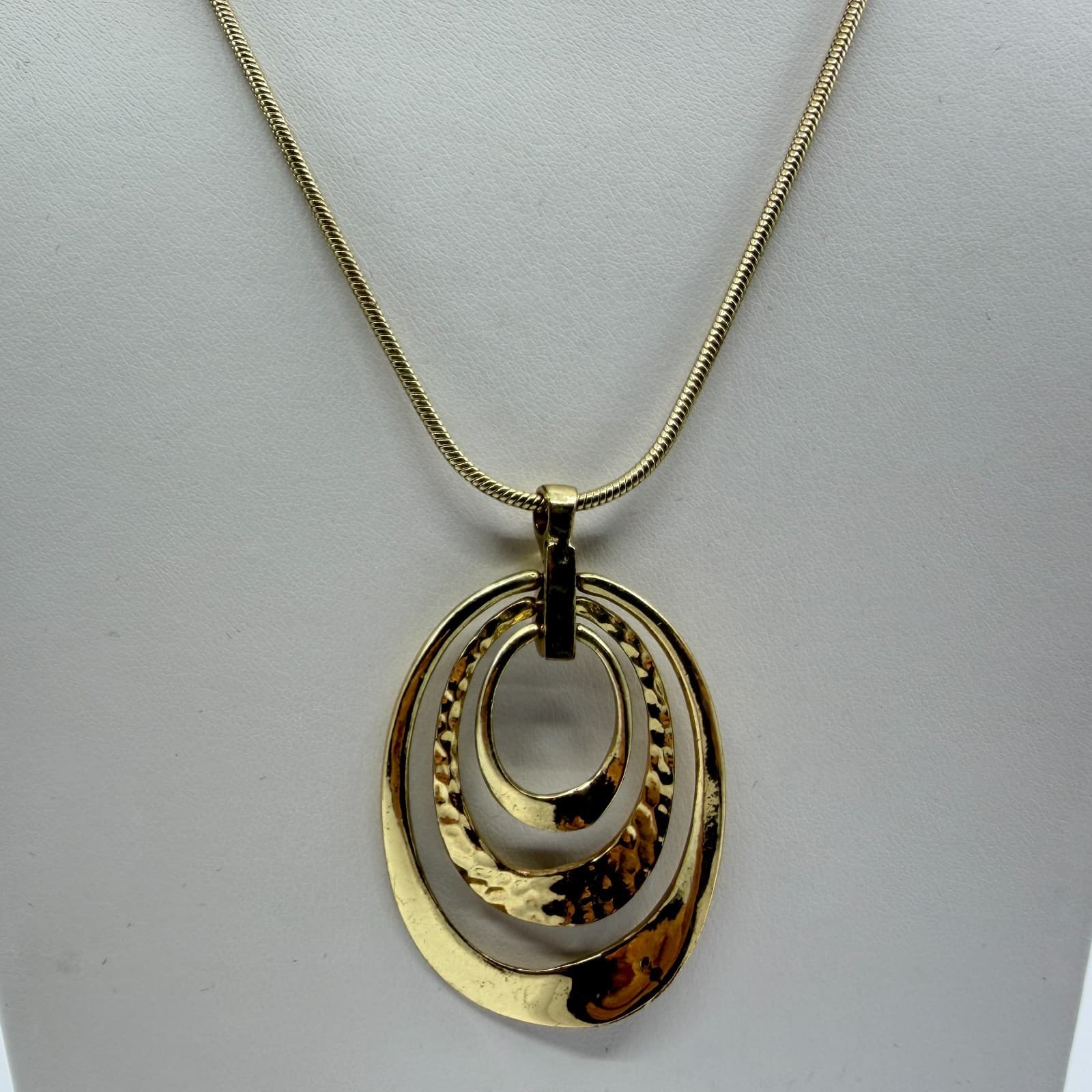 Gold Tone Hammered Oval Pendant Necklace Statement Layered Look Modern Jewelry