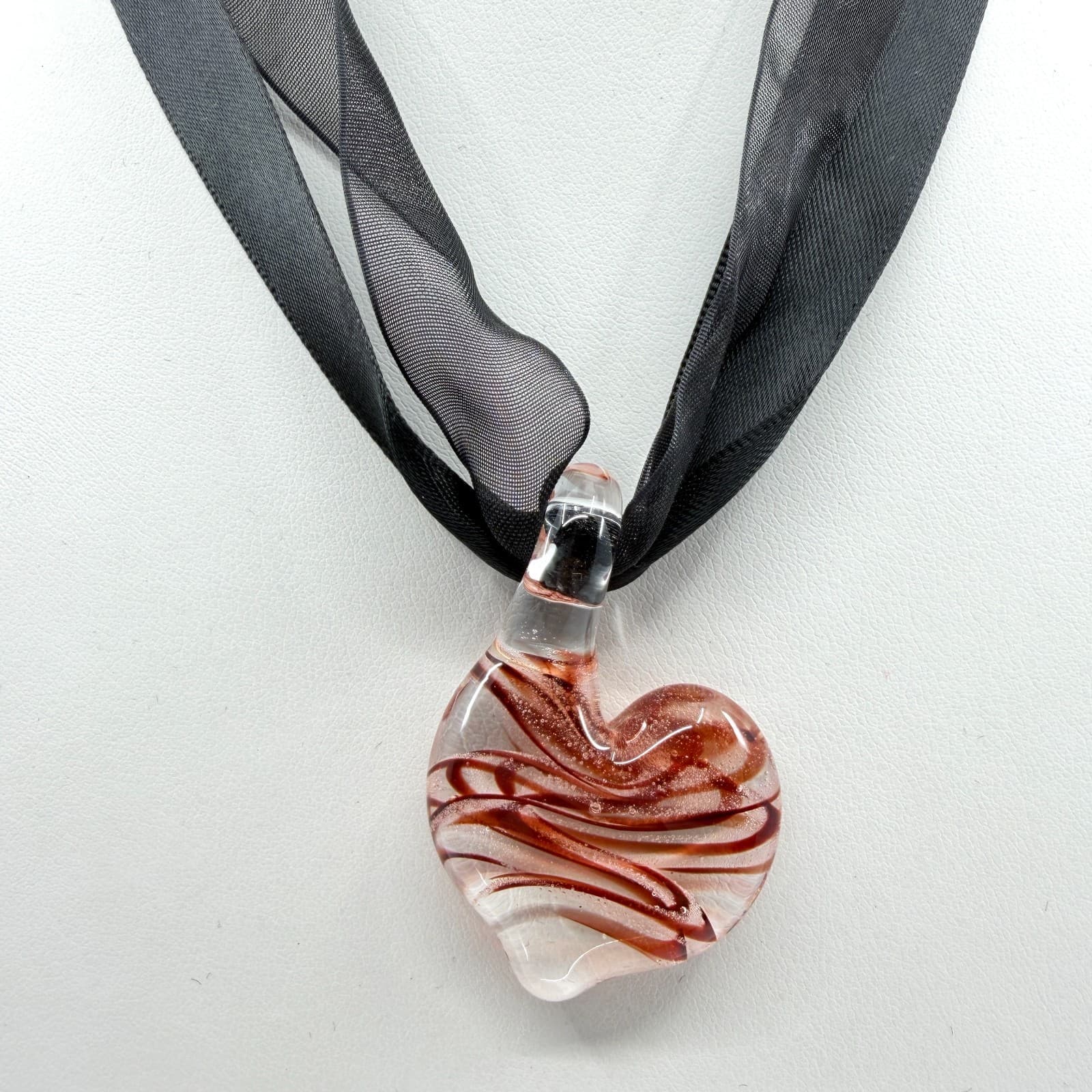 Handcrafted Glass Heart Pendant Necklace Black Ribbon Choker Statement Jewelry