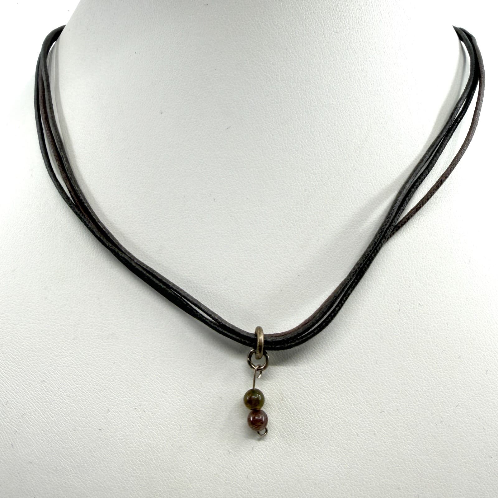 Minimalist Cord Necklace Brown Strands With Tiny Earth Tone Beaded Pendant Charm