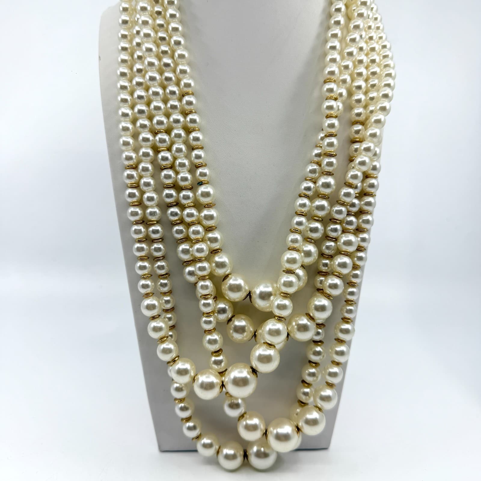 Multi Strand Pearl Statement Necklace Gold Tone Layered Boho Wedding Gift Party