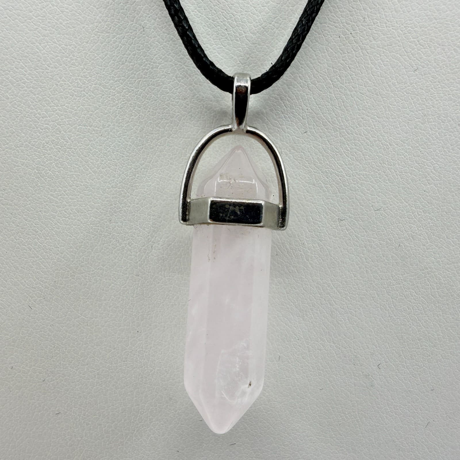 Minimalist Rose Quartz Point Pendant Necklace Black Cord Boho Crystal Jewelry
