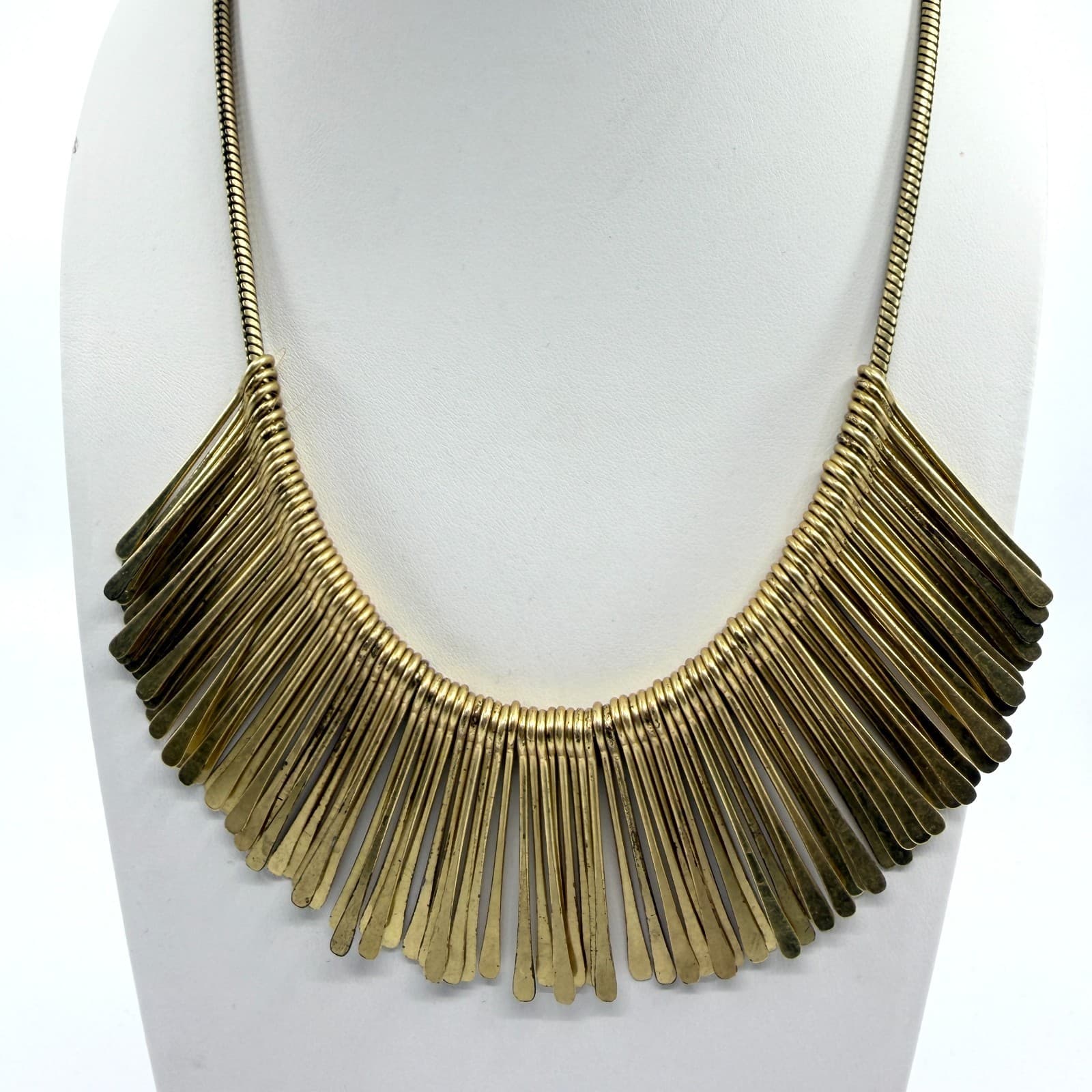 Gold Tone Statement Bib Necklace Fringe Design Bold Metal Collar Fashion Piece