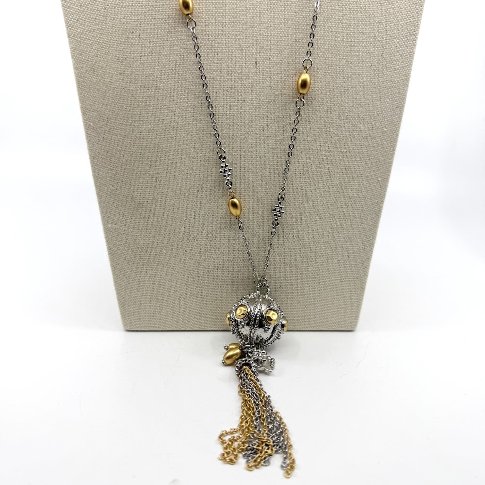 Two-Tone Statement Pendant Necklace Gold & Silver Tone Metallic Tassel Layering