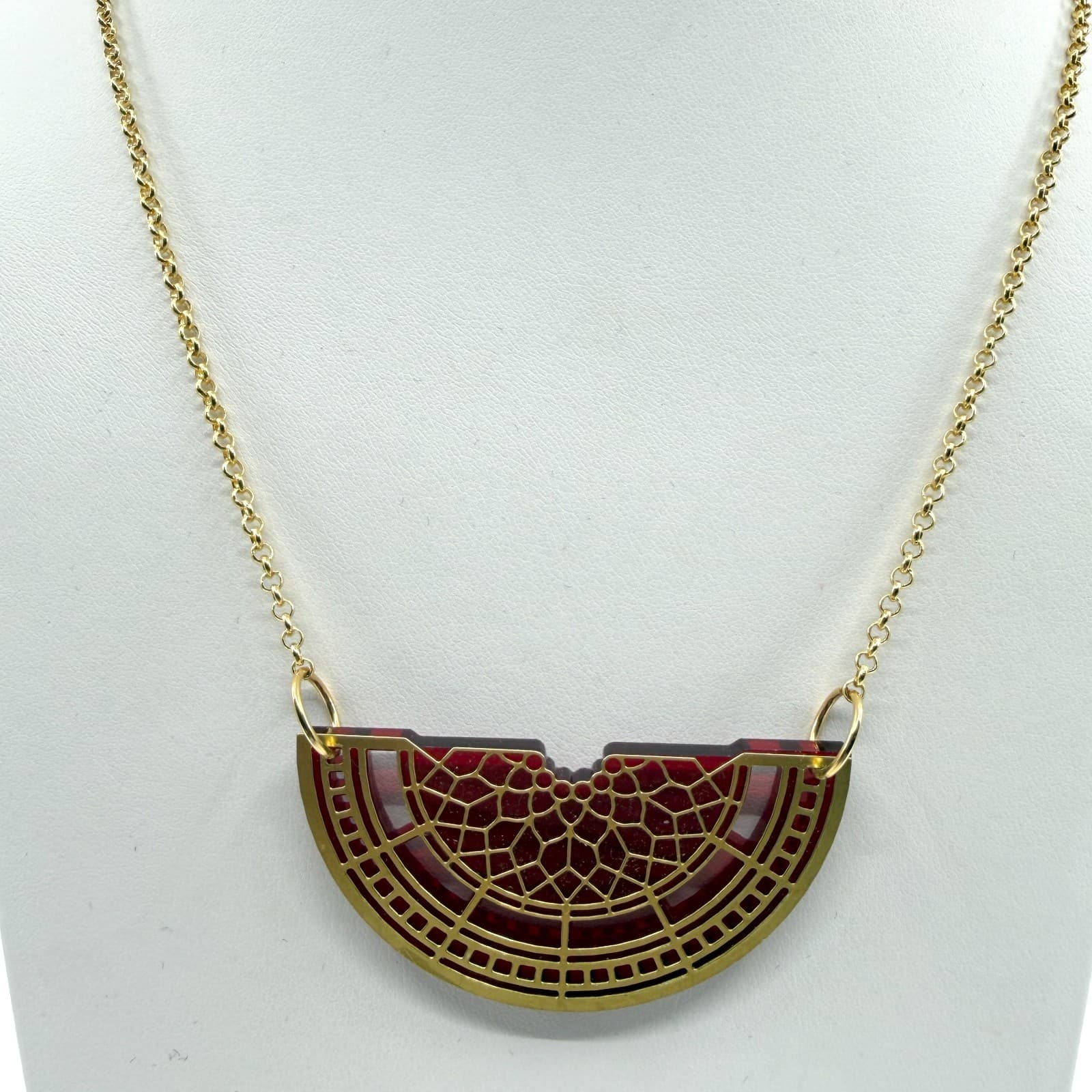 Y2K Gold Tone Semi Circle Pendant Necklace Red Statement Unique Minimalist Gift