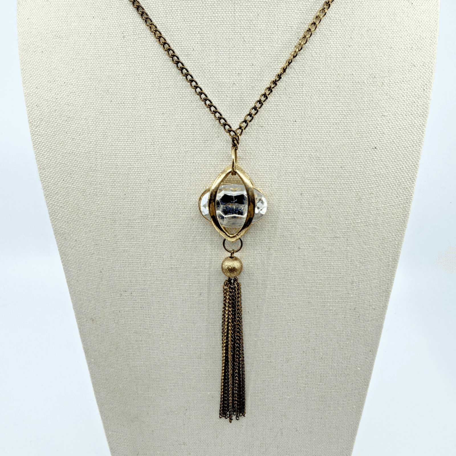Gold Tone Statement Pendant Necklace Clear Crystal Cage Design With Tassel Charm