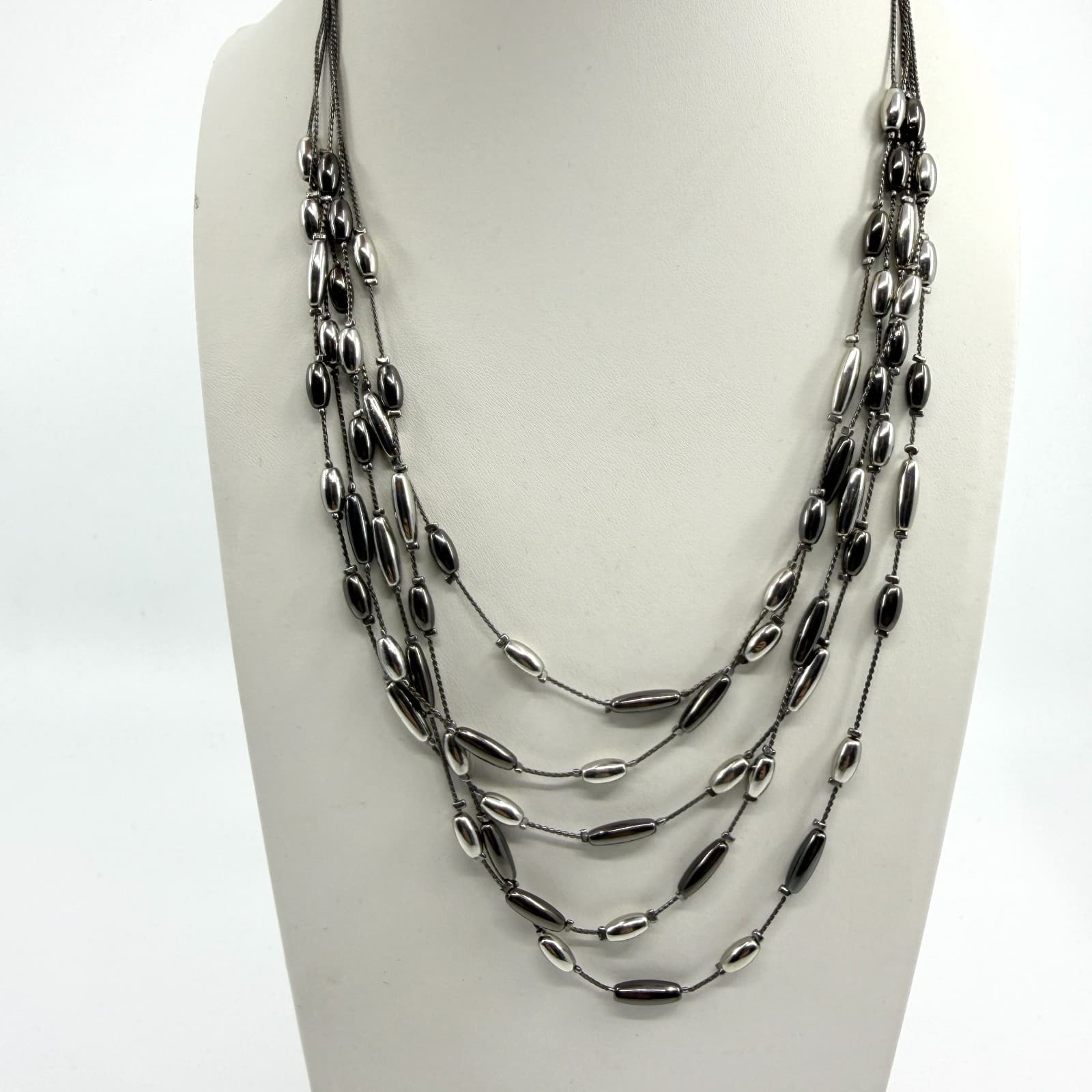 Multi-Strand Floating Metallic Bead Statement Necklace Layer Gunmetal Gray Chic