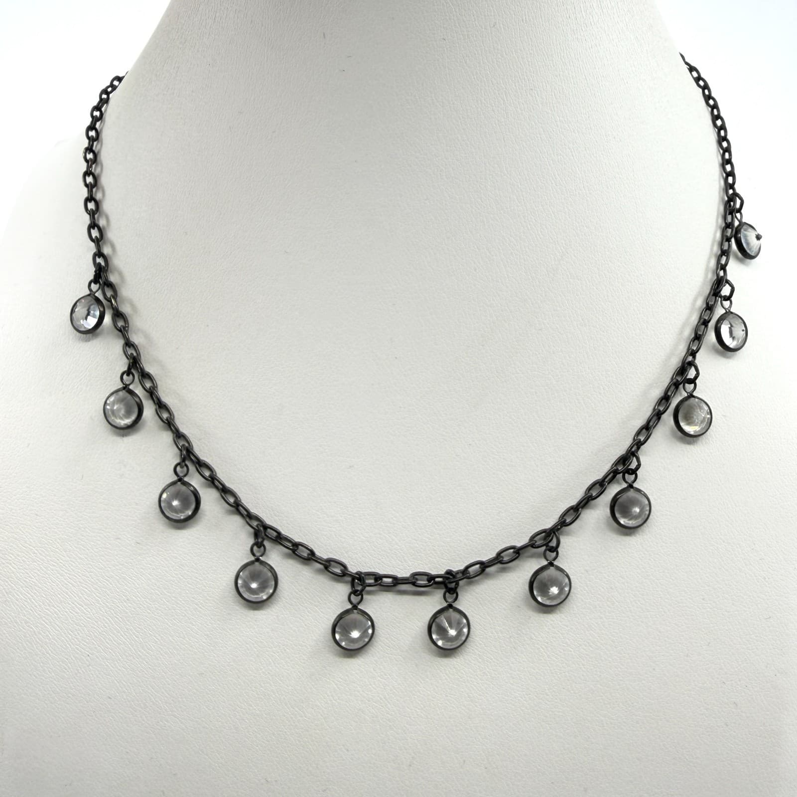 Black Chain Necklace with Clear Crystal Dangle Charms Gothic Statement Jewelry