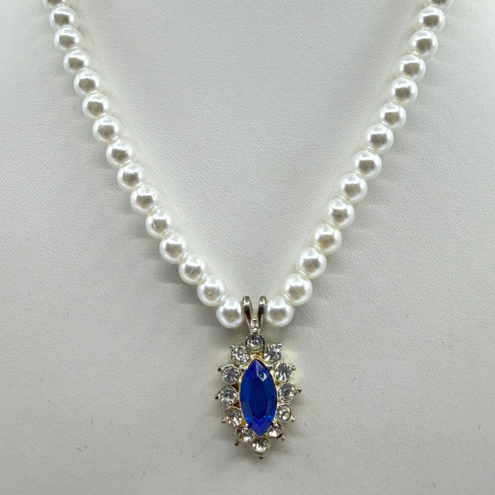 Faux Pearl Necklace Royal Blue Marquise Rhinestone Pendant Statement Jewelry
