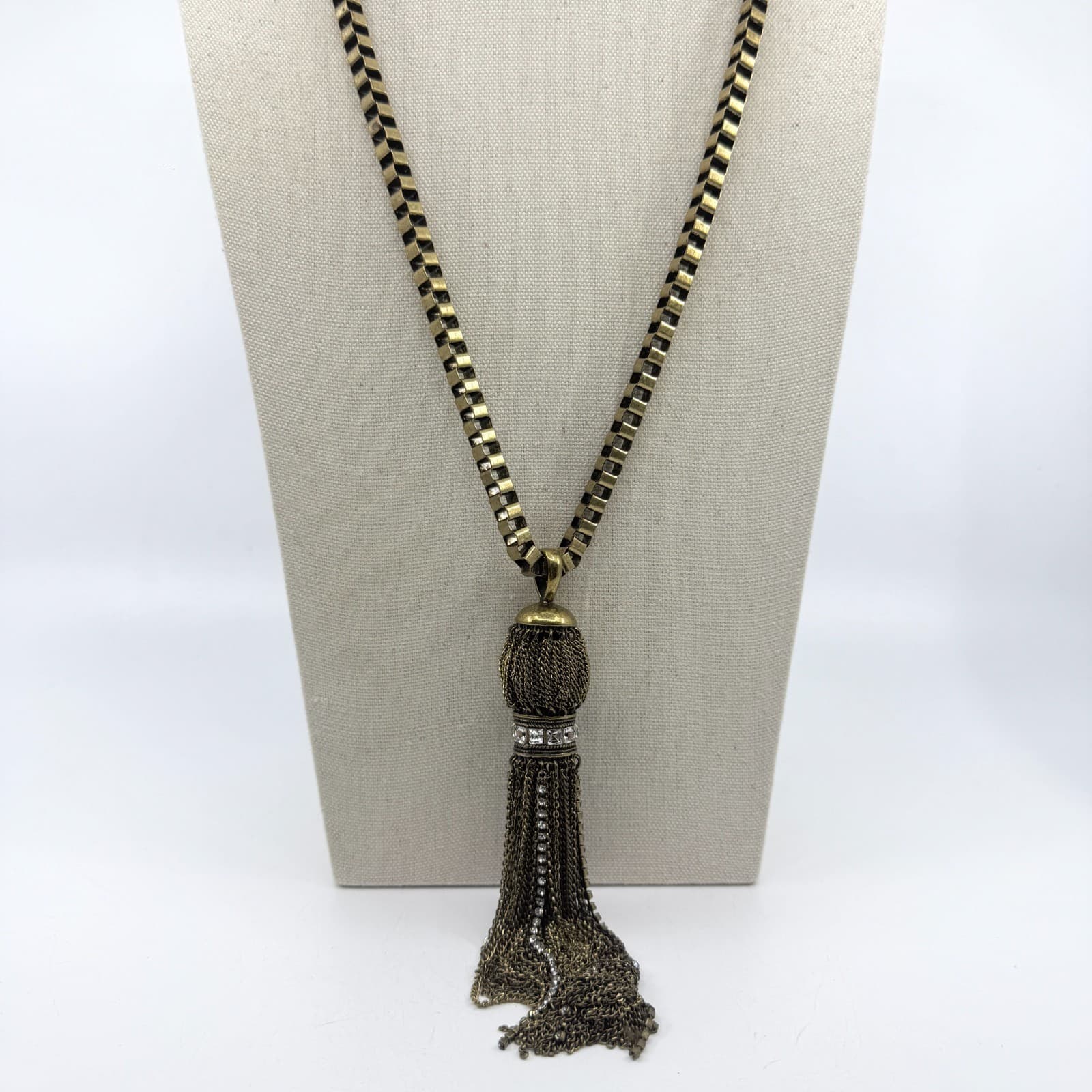 Antique Brass Tone Tassel Statement Necklace Box Chain Sparkly Crystal Accent
