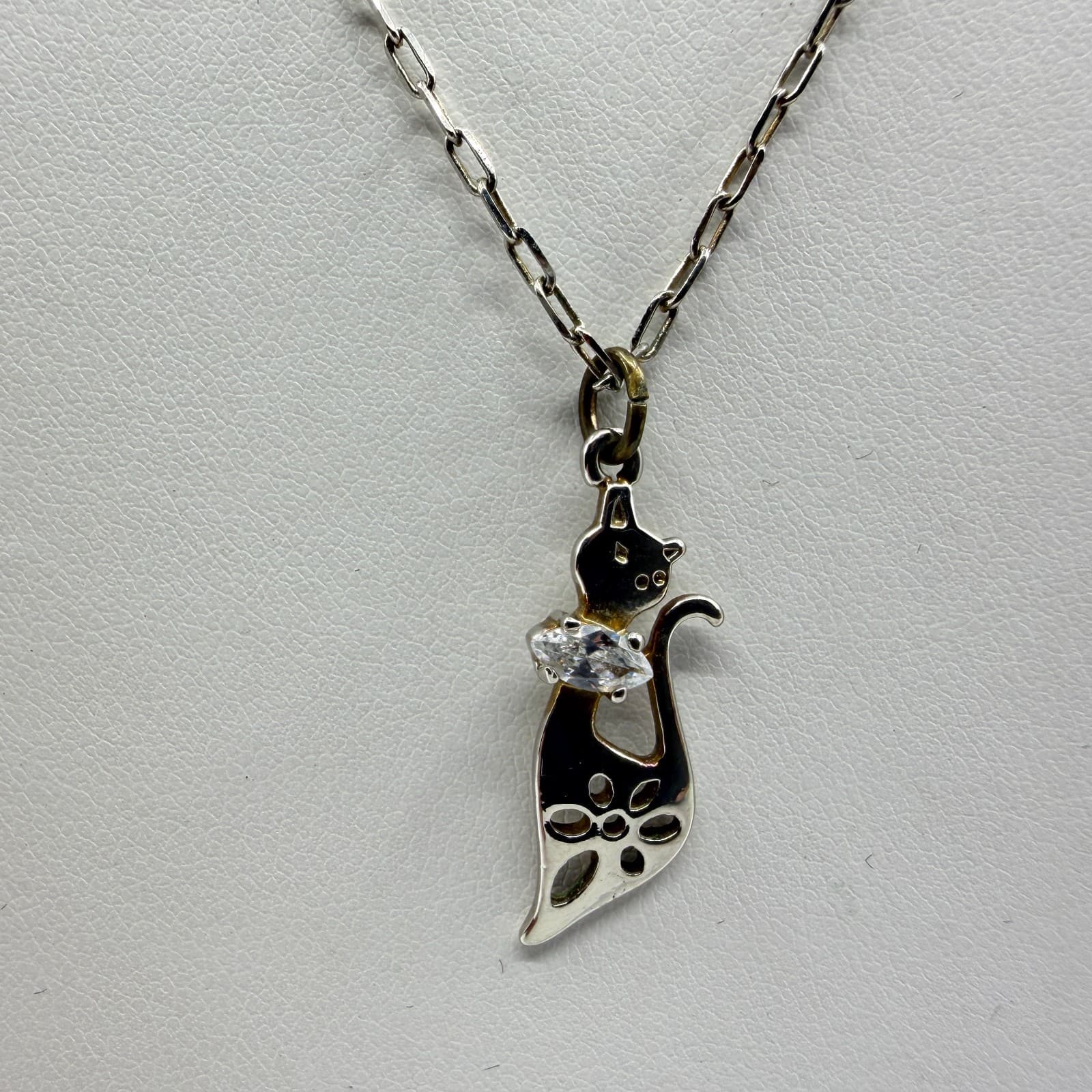 Whimsical Cat Pendant Necklace Silver Tone Cubic Zirconia Gift for Cat Lovers