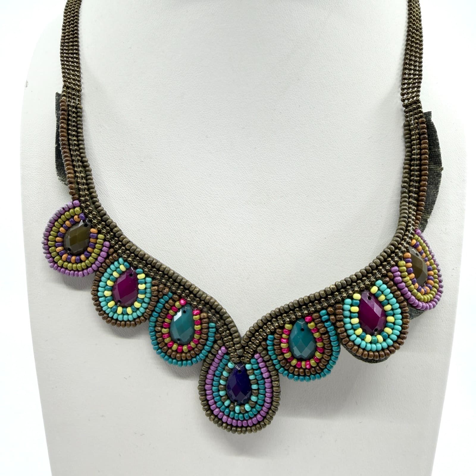 Vibrant Beaded Statement Collar Necklace Multi-Color Teardrop Festival Boho