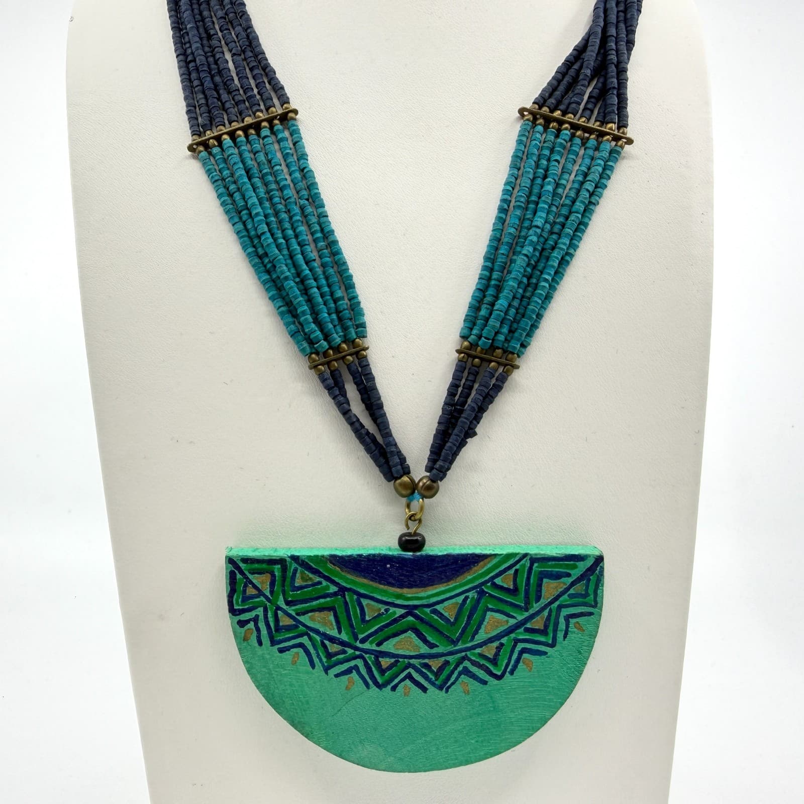 Tribal Painted Wood Semi Circle Pendant Statement Necklace Turquoise Tone Beaded