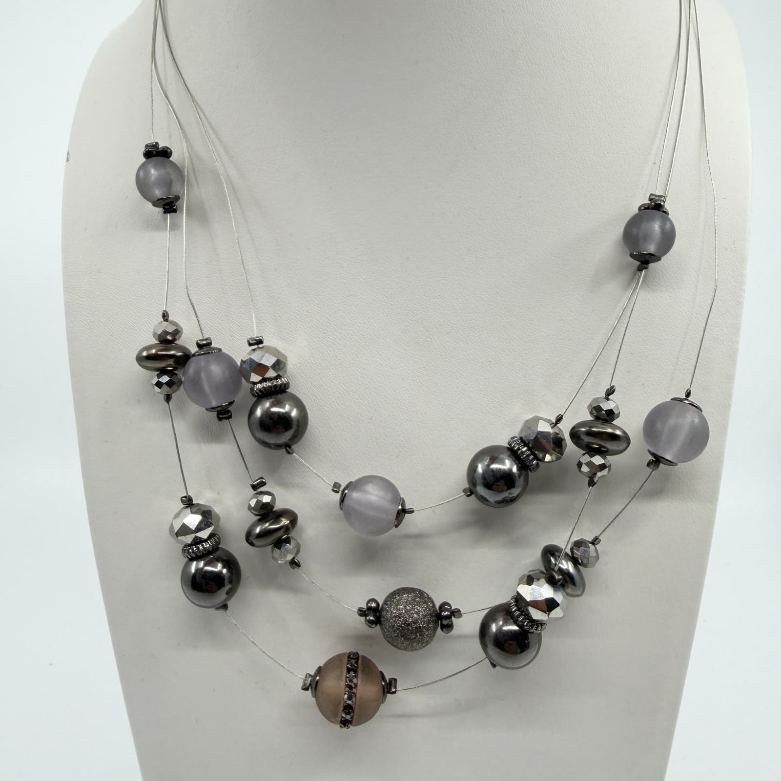 Multi-Strand Statement Necklace Gray Frosted Beads Metallic Accents Chic Jewelry
