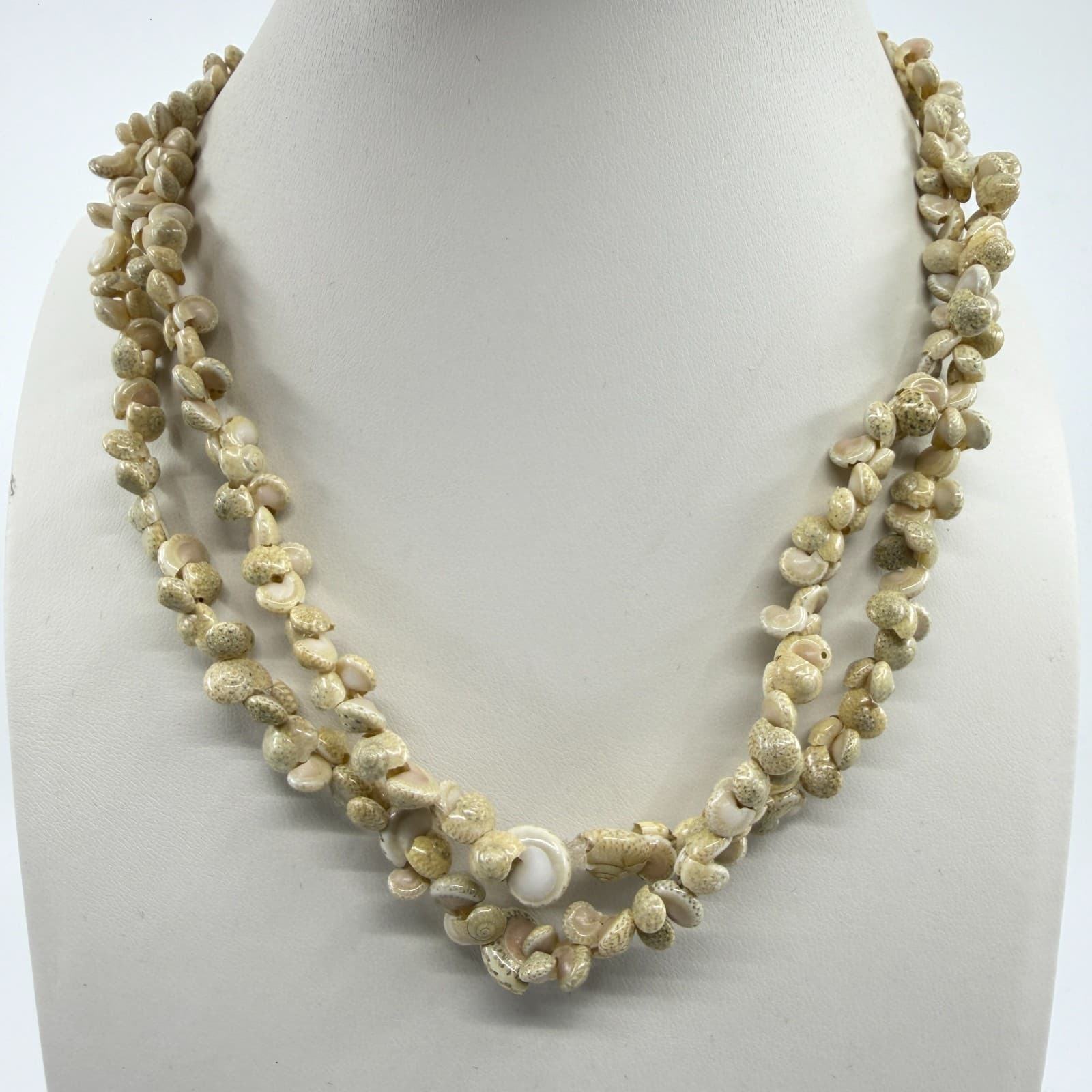 Layered Natural Spiral Shell Bead Necklace Coastal Boho Beach Statement Jewelry