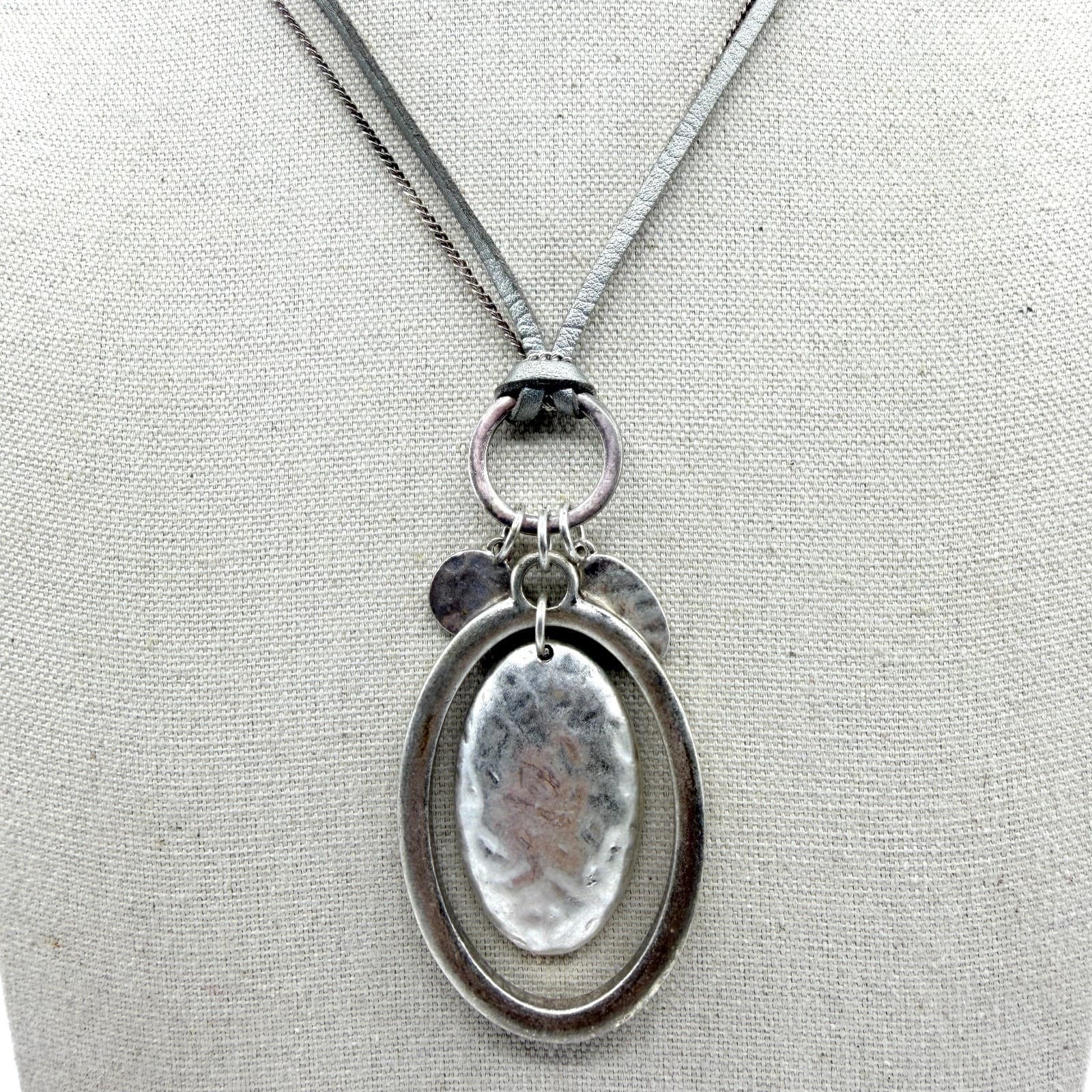 Statement Silver Tone Pendant Necklace Layered Faux Suede Cord Accessory Gift