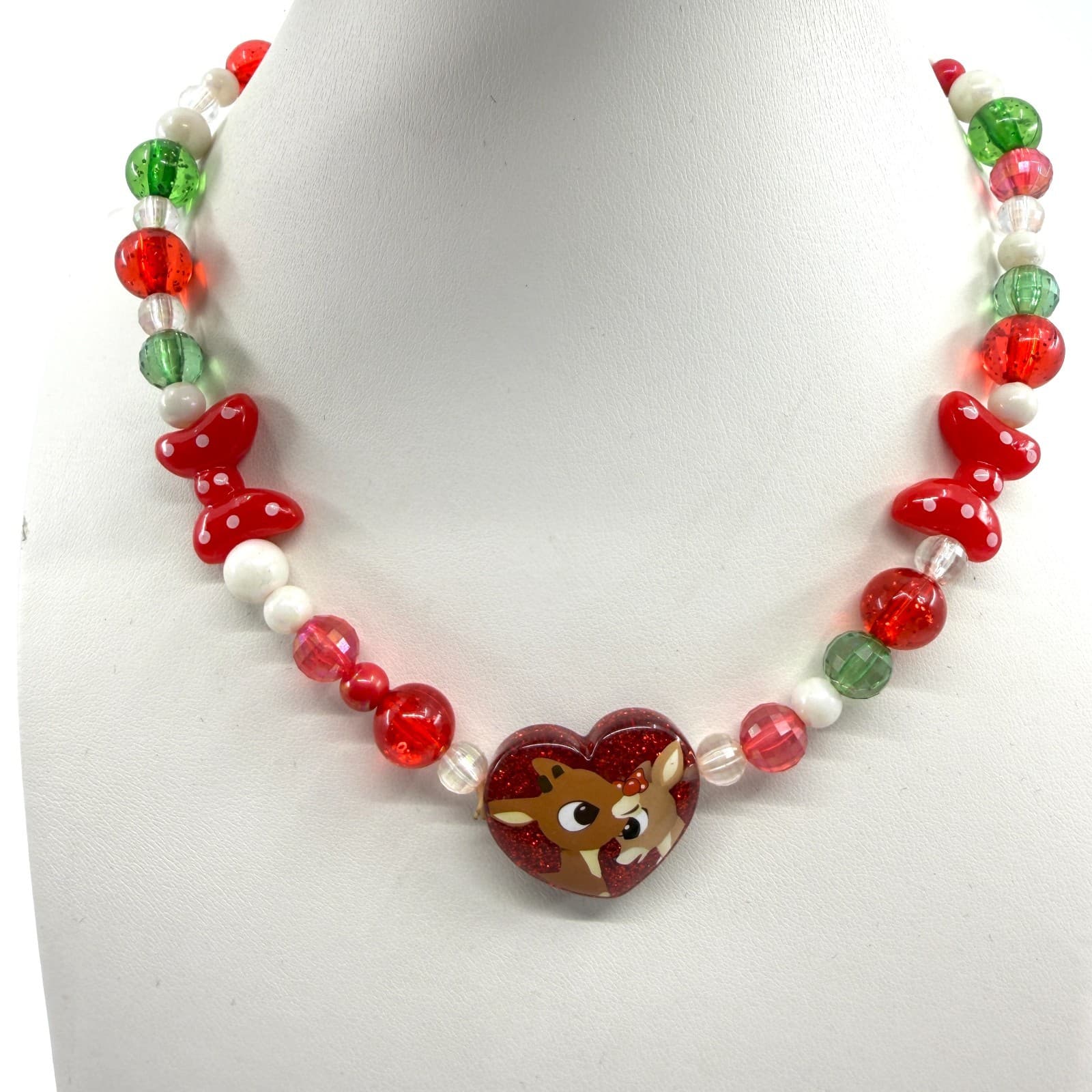 Y2K Festive Polka Dot Reindeer Heart Bead Necklace Holiday Statement Gift Piece