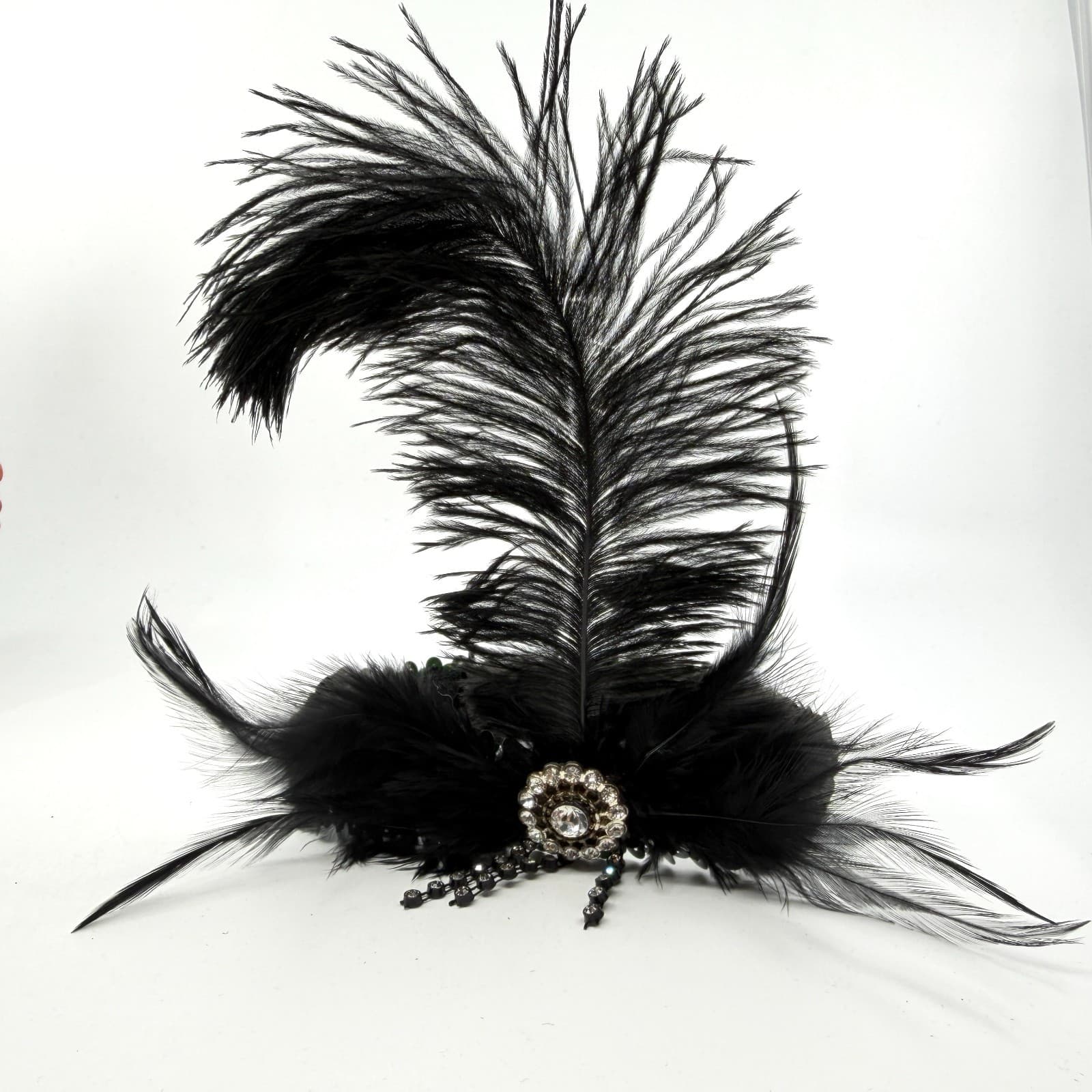 Black Sequin Flapper Headband Gatsby Style Feather Rhinestone Hair Accessory
