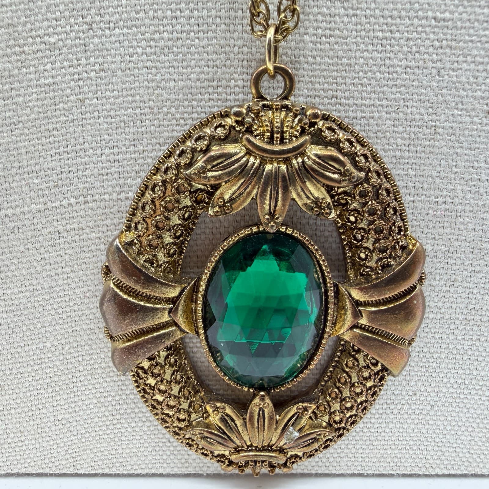 Ornate Gold Tone Emerald Cut Glass Pendant Necklace Statement Filigree Victorian
