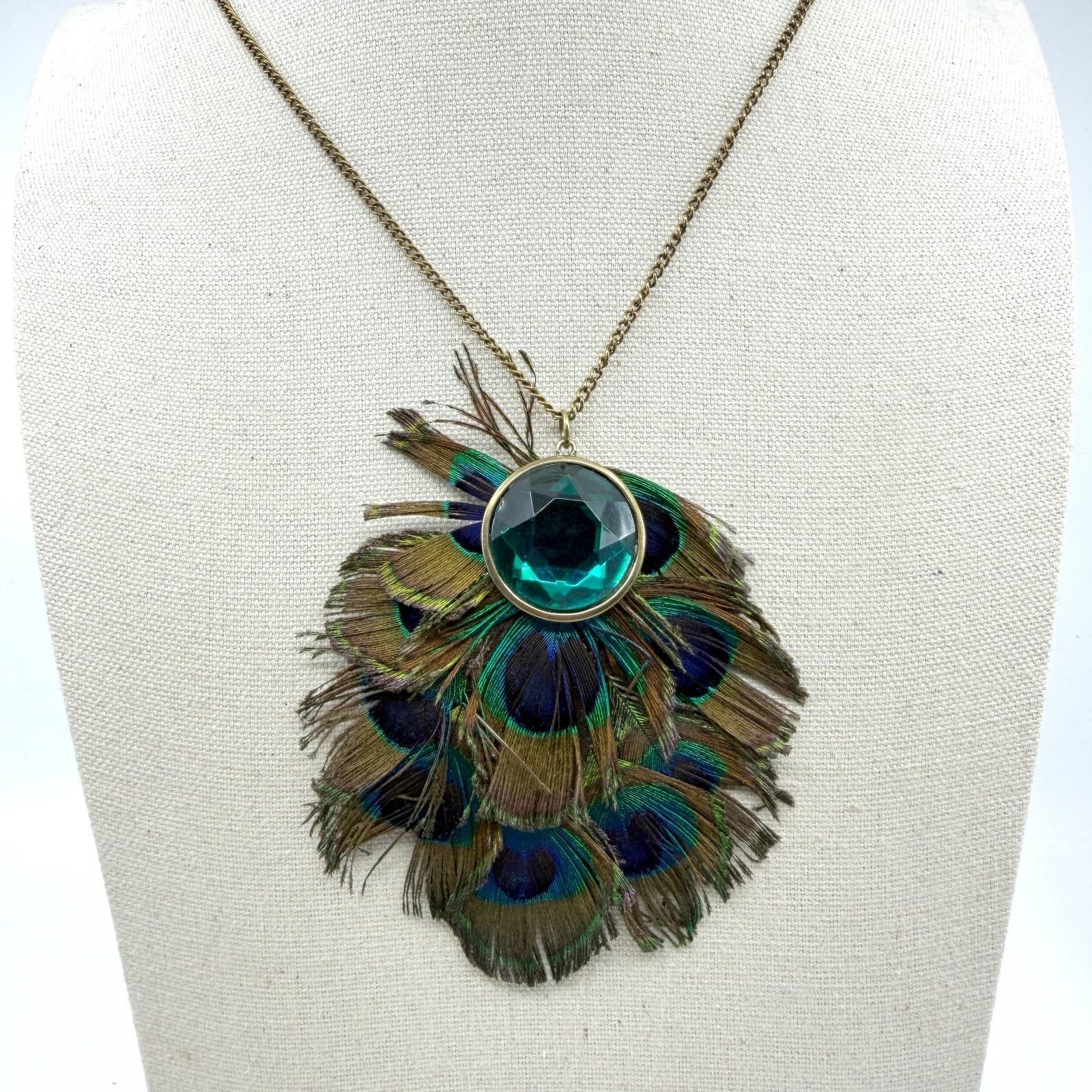 Peacock Feather Statement Necklace Green Crystal Boho Festival Layering Jewelry