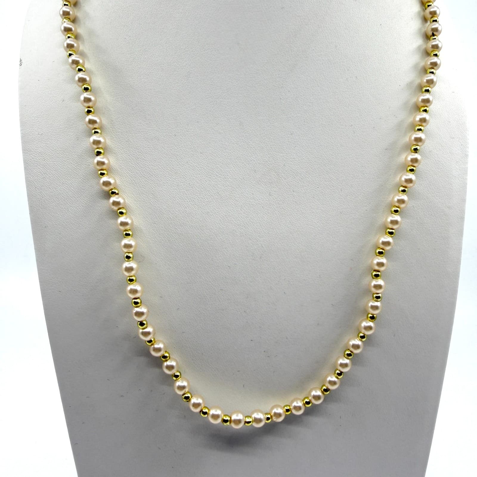 Elegant Cream Faux Pearl and Gold Tone Bead Strand Necklace Minimalist Chic Gift