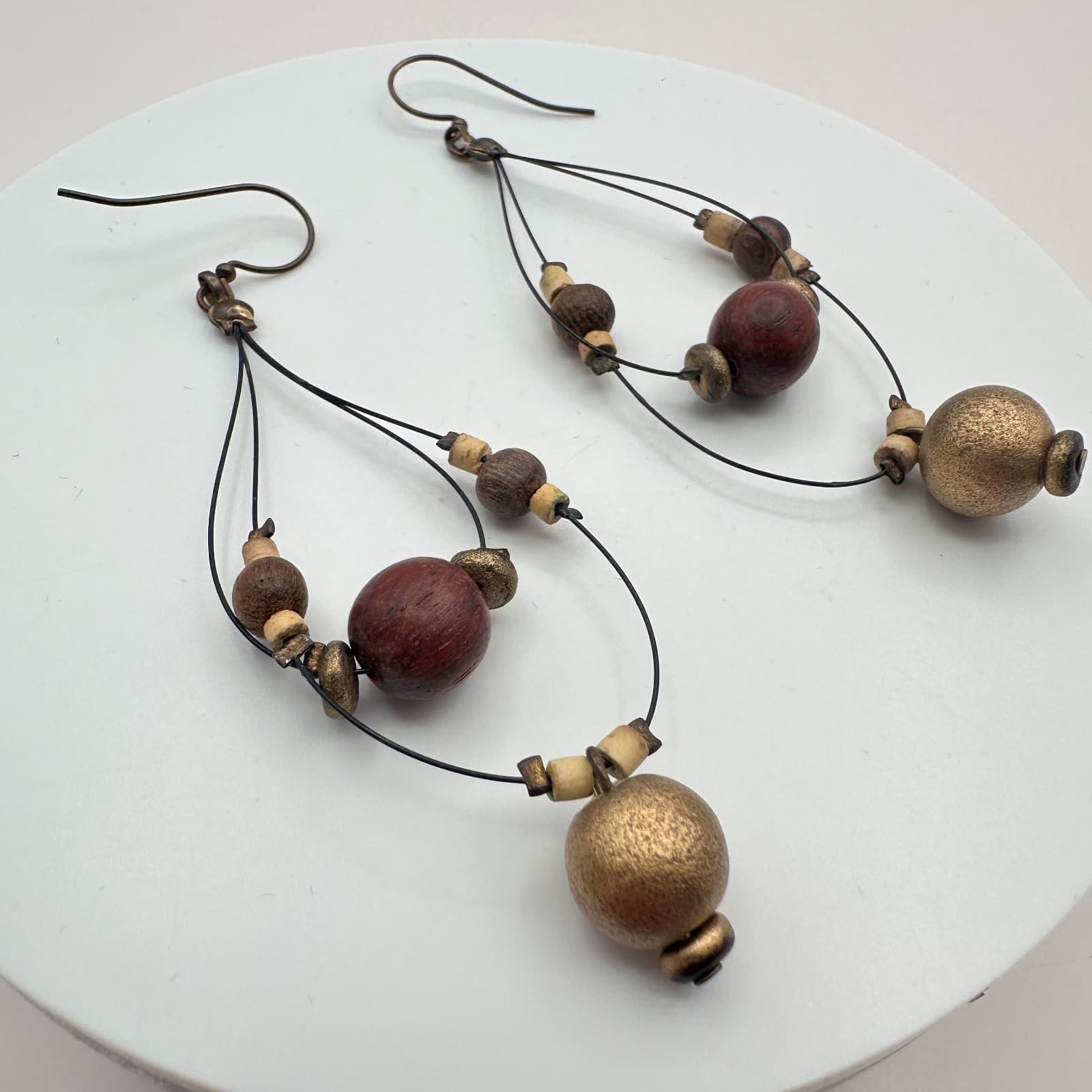 Vintage 90s Wooden Brass Tone Beaded Teardrop Dangle Earrings Women's Jewelry