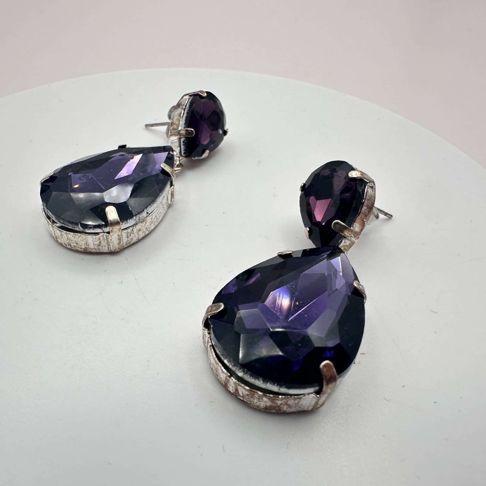 Vintage 90s Silver Tone Purple Teardrop Dangle Earrings Women's Classic Jewelry