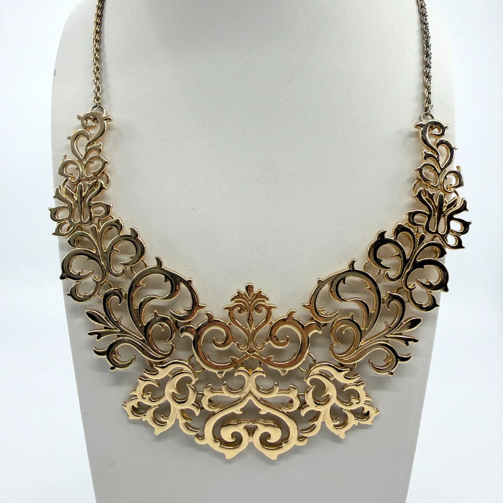 Ornate Gold Tone Filigree Bib Necklace Statement Collar Piece Romantic Boho Chic